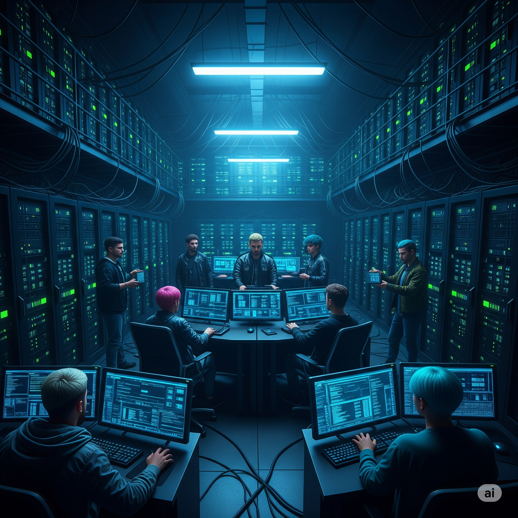 Um datacenter cheio de pessoas utilizando computadores.