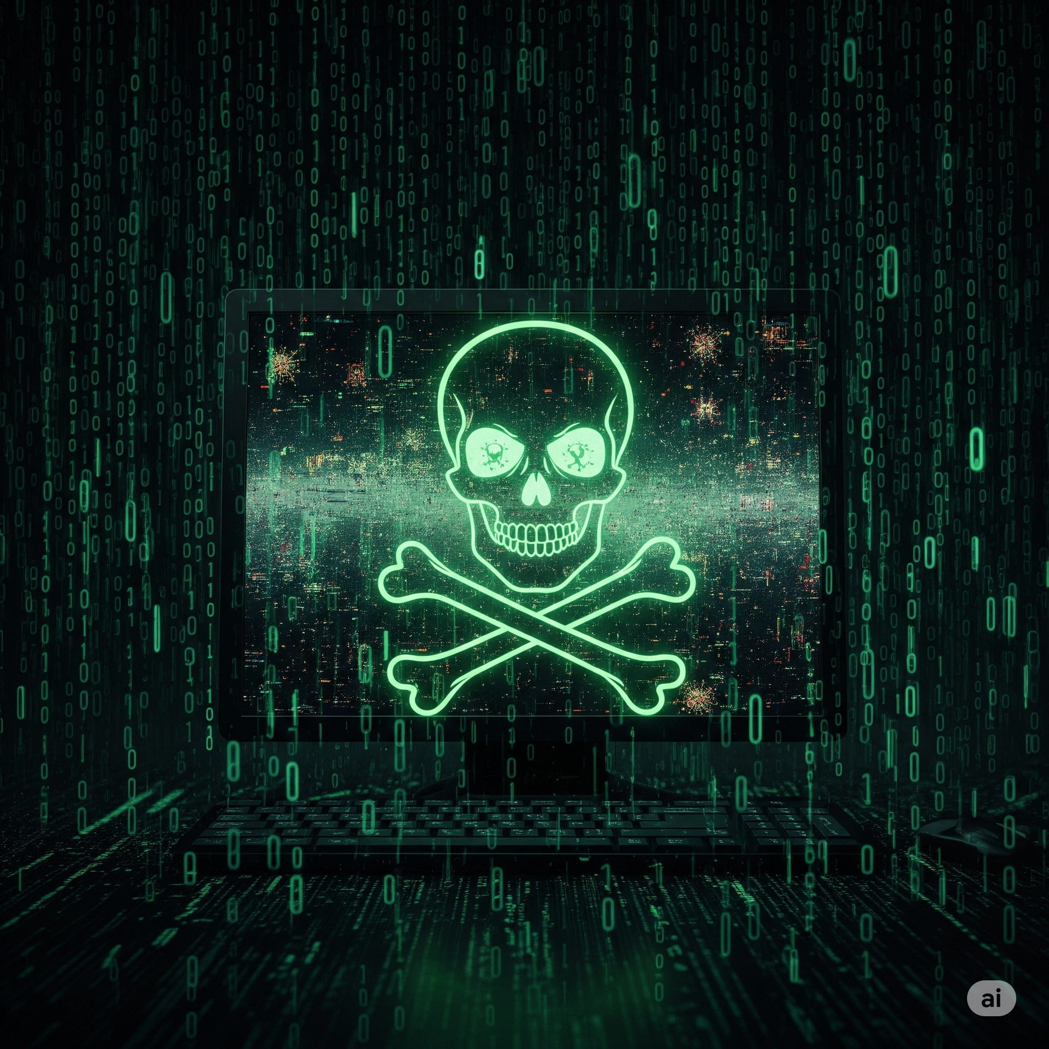 Notebook com uma caveira em verde neon.
